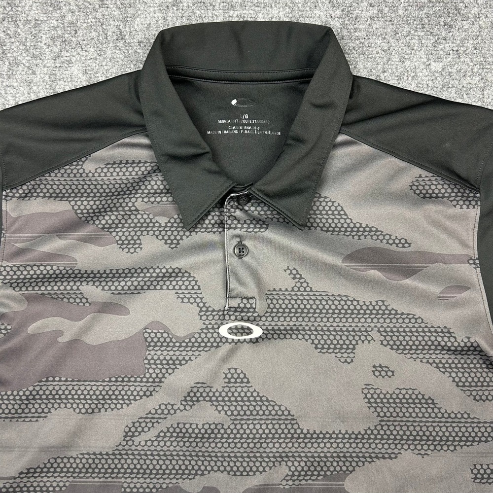 Oakley Polo Shirt Mens L Black Grey Camo Gradient Performance Short Sleeve Logo